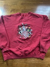 1997 Warner Bros Looney Tunes Character Swirl Embroidered Sweatshirt Red XL Vtg
