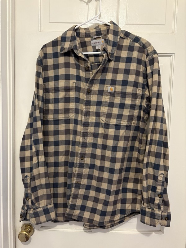 Carhartt Size L Brown/Blue Plaid Shirt Rugged Relaxed Fit Cotton Flannel