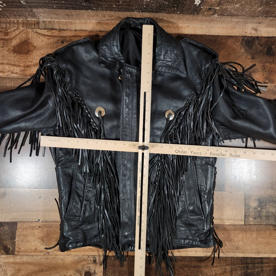 Chaqueta de motociclista vintage con flecos para mujer 38 cuero negro abrigo de motociclista occidental cremallera Foto 3 de 4