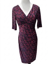 Lauren Ralph Lauren Geometric Print Ruched Sheath Dress Size 8 Magenta & Black
