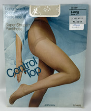 JC Penney Super Shaper Pantyhose Control Top Sheer Toe Bone Sz Long NOS Vtg