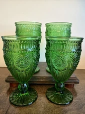 Set Of 4 Kingrol Glass “Vintage” Emerald Green Water Goblet ~ Excellent!!