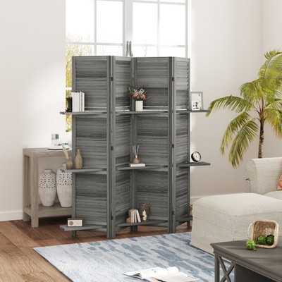 4 Panel Privacy Screen, Room Divider with 3 Shelves Distressed White