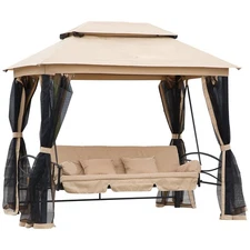Roomy 748lb Porch Swing for Three Double Tiered Canopy with Mesh Screen Panels
