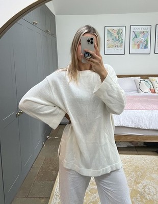 ZARA White Linen Blend Plain Knit Oversized Sweater Jumper S