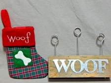 Mini dog Woof plaid Christmas stocking and hand made wood photo card holder