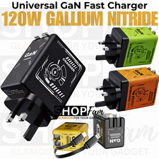GaN Dual Retractable Cable Phone Charger UK Plug 120W Fast Type C iPhone Samsung