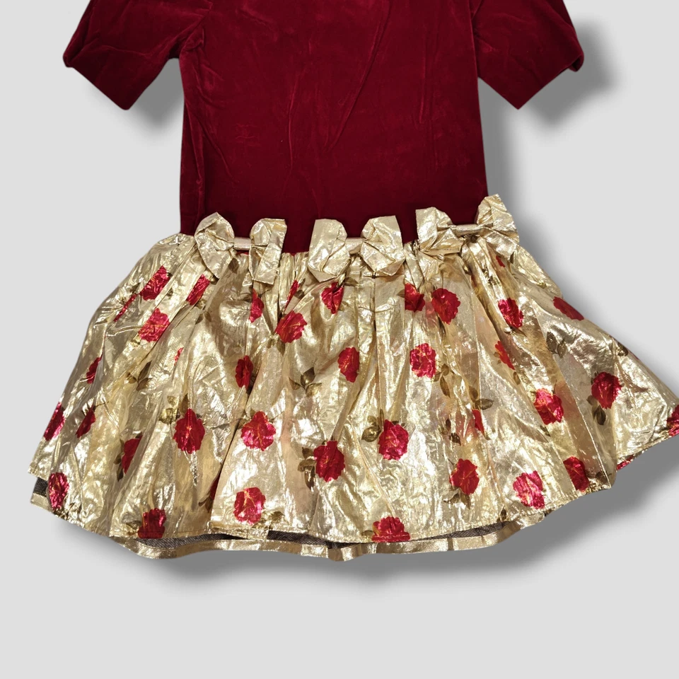 Vestido de Fiesta Vintage Amy Too Rojo Terciopelo Talla 6X Falda Estampado Rosa Cojo Dorado Años 90 Foto 4 de 4