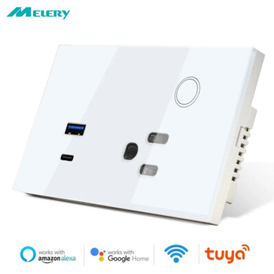 Melery WIFI Smart Tuya Wall Socket US Plug 30W Fast Charging Glass Panel Switch