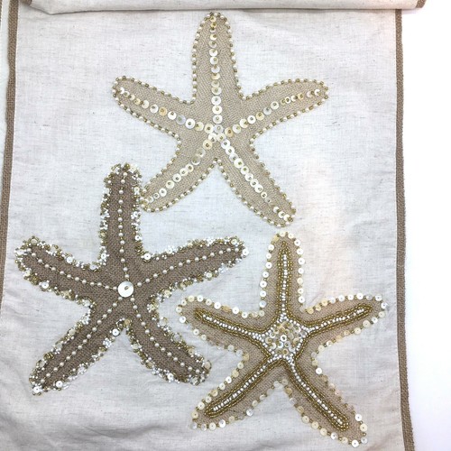 Nicole Miller Starfish Beaded Table Runner Beach Summer Tan Gold Mother of Pearl - Picture 3 of 10