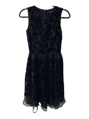 French Connection 0 Black LBD Dress Taffeta Velvet Fit Flare Romantic Fairy Goth