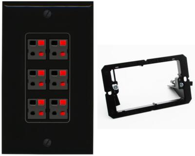 RiteAV 6 Port Speaker Wire Plug Jack Wall Plate - Bracket [Black/Black]