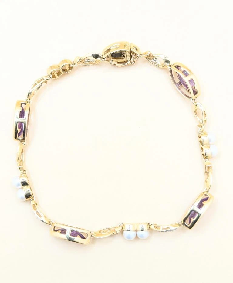 Brazalete 7" 14K Oro Sólido 2 Tonos 8.1g Amatista y Perla Cultivada Infinity Twist Foto 4 de 4