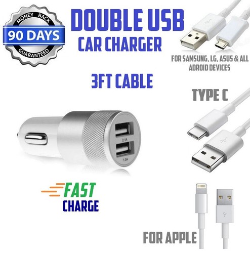 2.1A DOUBLE USB CAR CHARGER & USB CABLE For Samsung Galaxy,LG,iPhone,Motorola - Picture 1 of 52