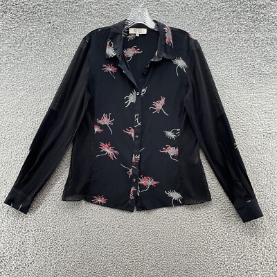 Holmes Yang Blouse Womens 8 Black Floral Silk Sheer Panel Button Up Shirt USA