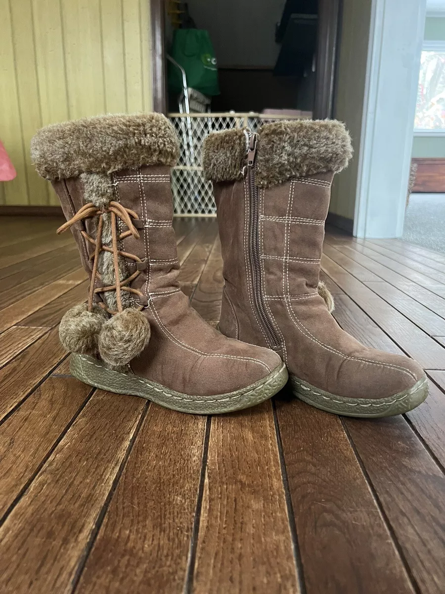 Girls size 1 brown fur Boots with pom poms eBay