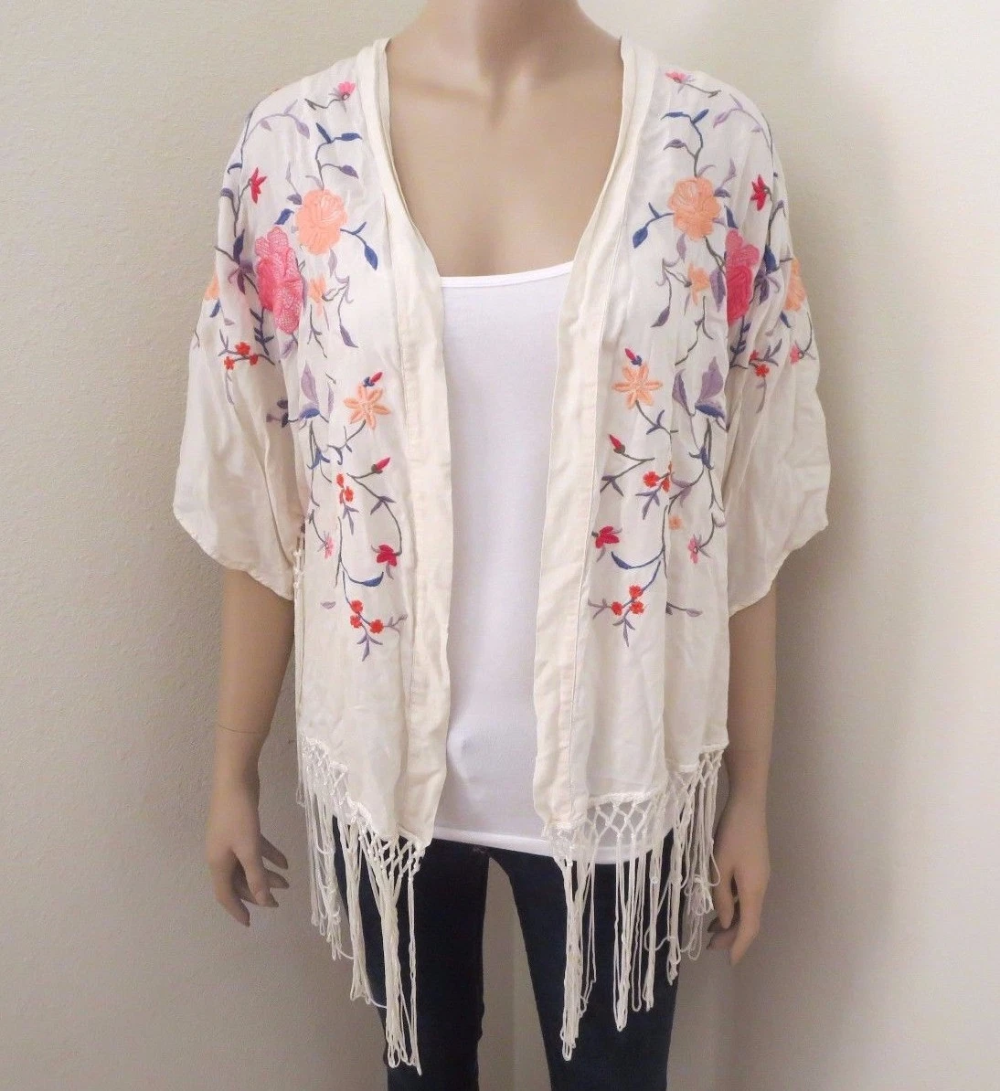 Abercrombie Womens Floral Embroidered Kimono Sweater Cardigan Top Shirt Fringes