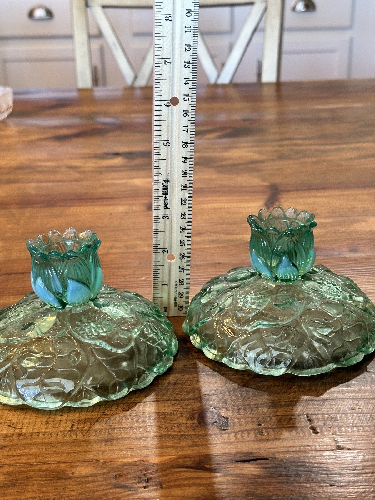 2 FENTON GLASS CANDLE HOLDERS WATER LILY IRIDESCENT GREEN OPALESCENT CARNIVAL
