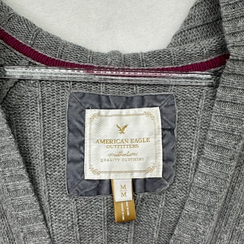 American Eagle Y2K Cable Knit Sweater Sz M Hooded Gray Long Vintage - Picture 4 of 15