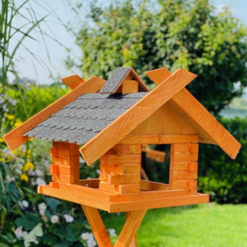 DARLUX Rechteckiges Holzvogelhaus XL Vogel Futterhaus + Ständer Braun/Schwarz - Bild 2 von 9