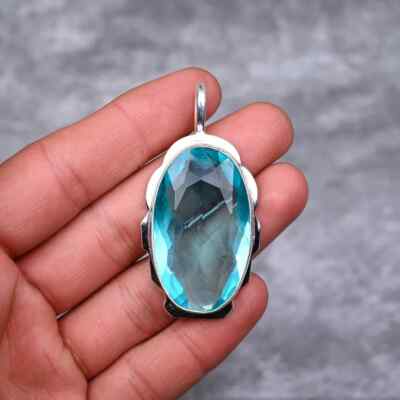 Schöne Aquamarin Apatit Edelstein 925 Sterling Silber Handgemacht Anhänger AS-3