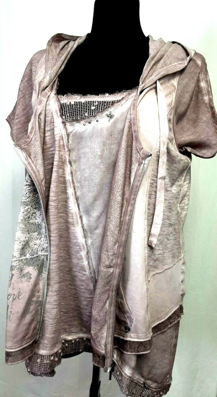 TREDY twin set vest top t-shirt blouse vest Size 44 UK 18 casual hooded tunic 14