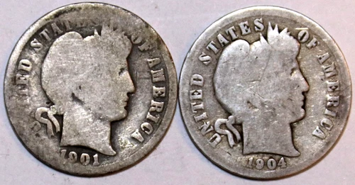 (2) Barber Silver Dimes - 1901-O(Good) 1904-P(Good) - #0074E - FREE SHIPPING