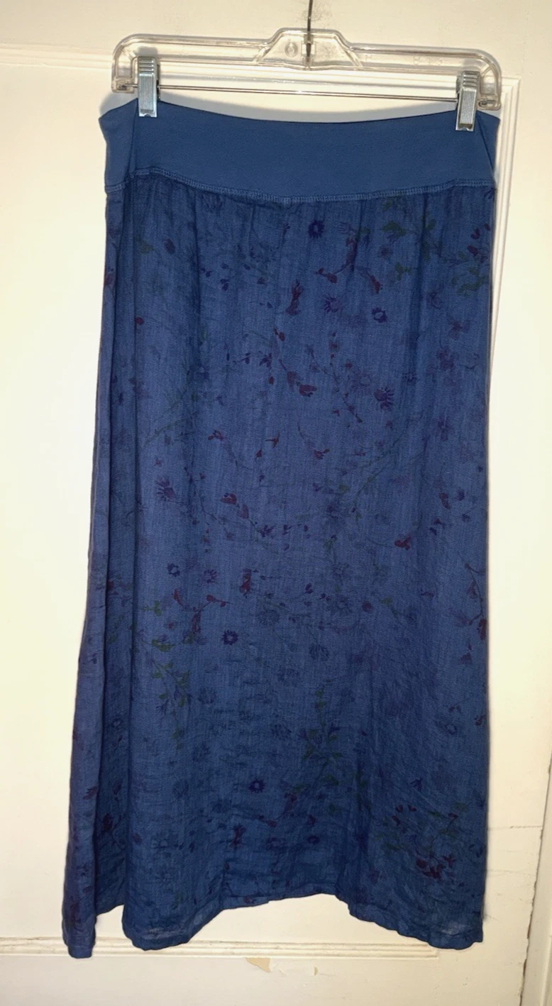 Cut Loose Blue Floral Linen Midi Skirt Size M