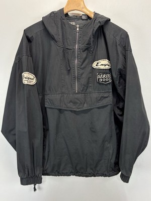 Vtg Gap Anorak Jacket Sz Medium Men s Faded Black Hood Pocket Racing Patch Y2K