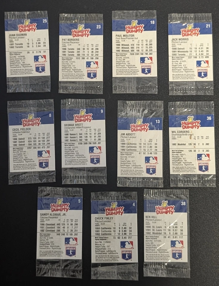 Lote de 11 tarjetas selladas promocionales Humpty Dumpty MLB 1992 - Molitor, Brett, Blue Jays Foto 2 de 2