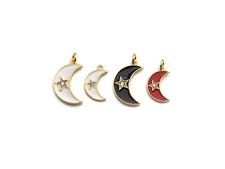 Enamel Moon Star charm, Black Red White Gold CZ Half Moon Pendant, Enamel Moon