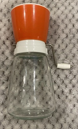 Vtg Federal Housewares Burnt Orange Nut Grinder White Lid Hand Crank Glass Jar