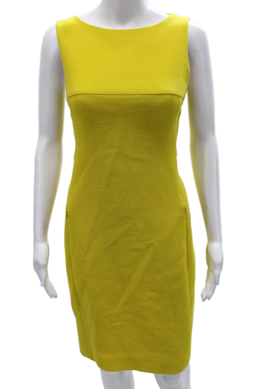Akris Women Sheath Dress Yellow Wool Boat Neck Sleeveless Mid-Calf Zip Size 6Free Shipping in US $100+ Orders | $6.95 Orders Below