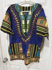 African Dashiki Shirt Blue Tribal Print One Size 100 Cotton Ethnic Tunic