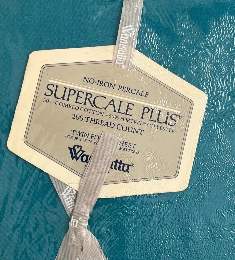 Wamsutta Supercale Plus Twin Fitted Sheet Cyan Teal No Iron Vintage Sealed New - Image 2 of 4