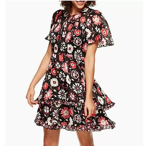 Abito nuovo con etichette Kate Spade New York Casa Flora manica svolazzante taglia 10 gonna a strati