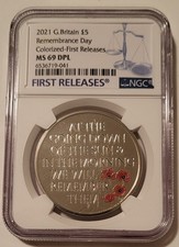 Great Britain 2021 5 Pounds Remembrance Day Colorized MS69 DPL NGC FR