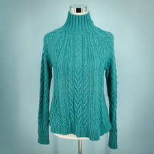 Ann Taylor Size XS Teal Blue Cable Knit Mock Neck Wool Alpaca Blend Sweater