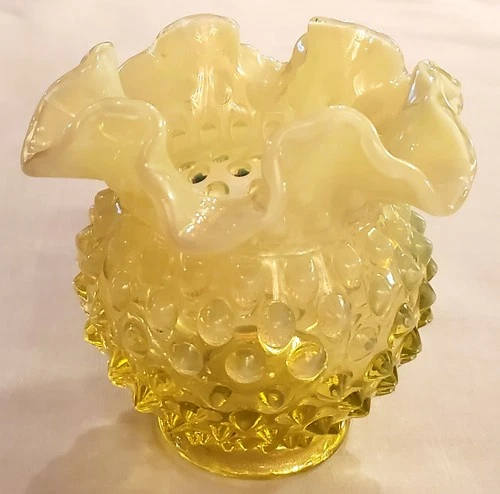 Fenton Topaz Uranium Opalescent Hobnail Ruffled Glass Rose Bowl Vase
