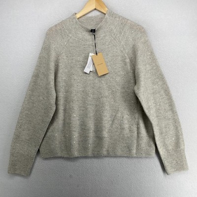 HALOGEN Sweater L Top Sequin Sparkle Pullover Long Sleeve Stretch Gray NEW