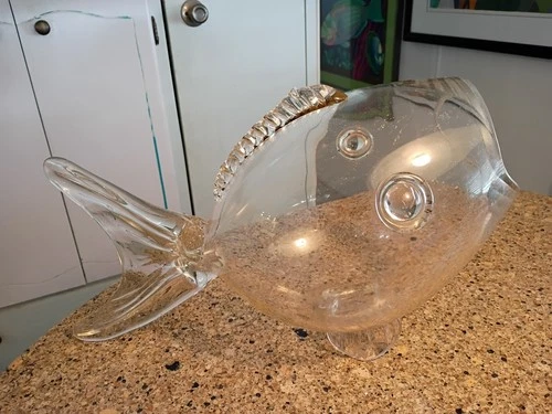 Hand Blown Clear Glass Fish Bowl Vase Figurine Mid Century Blenko Style