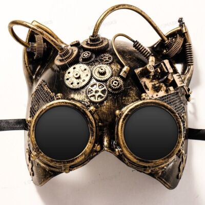 Steampunk Cat Mask Masquerade Halloween Costume Full Face Cat Goggles Gold