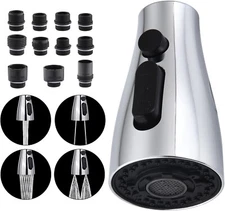Pull Down Spray Head Replacement, 4 Function Nozzle with 11 Adapters Compatible