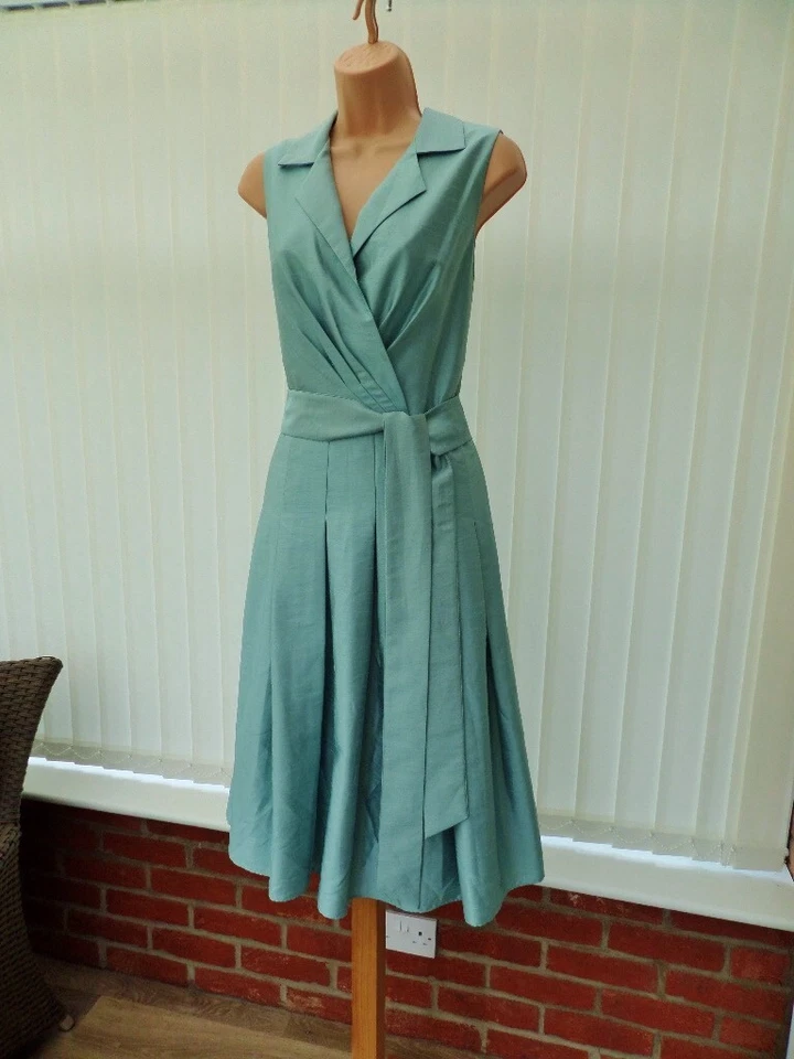 VESTIDO MIDI JESSICA HOWARD VERDE MAR SATÉN AÑOS 50 NUEVA YORK PLISADO ACAMPANADO 14 DOS VECES Foto 3 de 4