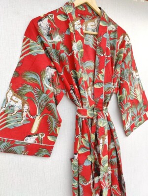 Indian Cotton Red Monkey Kimono Robes Women's Clothing Night Dress