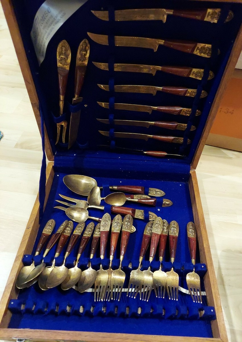 Vintage 29 pc. Star House Gems Thailand Brass & Rosewood Dessert