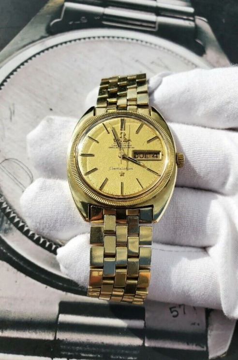Omega Constellation 168.029 C Shape Gold Capped Linen Dial Watch