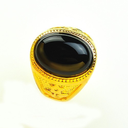 18K Gold Plated Ring For Men Stones Synthetic Black Adjustable 8-11 | eBay