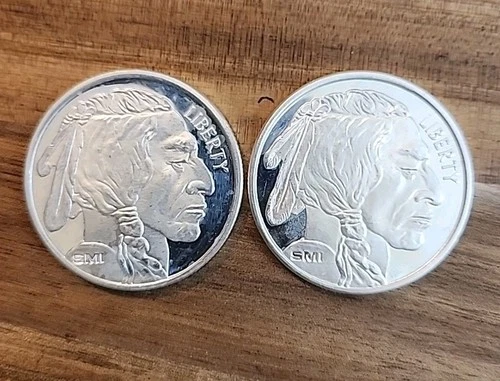 LOT OF 2 - 1 TROY oz SUNSHINE MINT BUFFALO .999 SILVER ROUND SMI