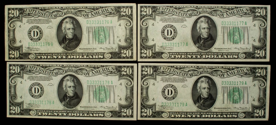FR 2054aDm $20 1934 Federal Reserve MULE - 8 Consecutive Notes - SKU-CA1578 - Image 3 of 4